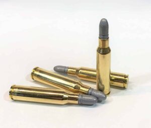 Close-up of 6.5x52 Carcano 150gr RN cartridges, lead round nose design – vintage ammo pressure tested and safe for Vetterli conversions.