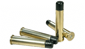 One 45-70 Government 777gr Wide Flat Nose Lucky Ram cartridge standing and three lying flat—subsonic ammo with the heaviest bullet for big-bore lever guns and hunting.