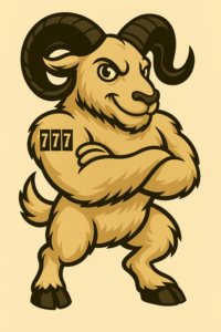Lucky the Ram mascot for Steinel Ammunition's 777gr subsonic .45-70 load, featuring a black-horned ram with a confident smirk and a slot-machine style 777 tattoo on its right shoulder