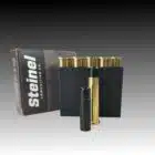 Close-up of Steinel Ammunition's 45-70 Government Subsonic 777gr 'Lucky Ram' rounds, featuring a prominent coated lead bullet and brass cartridge in the foreground, with packaging and additional rounds in a black holder in the background.