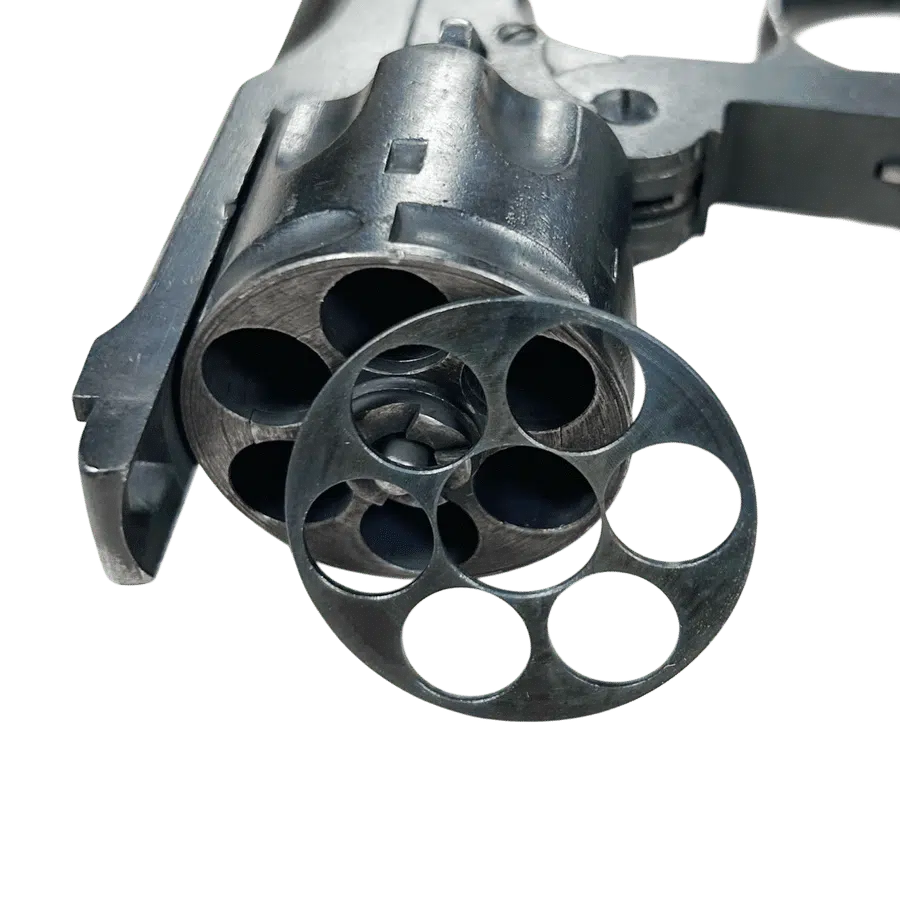 A blued Webley shim made by Steinel Ammo next to an original 455 Webley revolver.