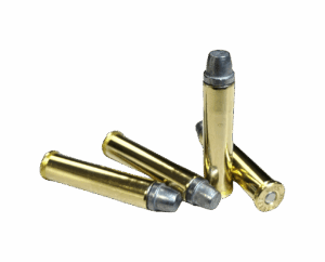 Four .357 Maximum 165gr semi-wadcutter cartridges arranged in a row on a white background – precision-loaded handgun ammo for target shooting and competition