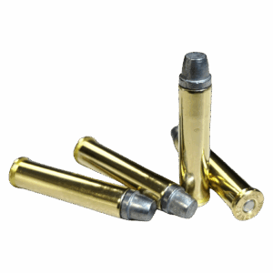 Four .357 Maximum 165gr semi-wadcutter cartridges arranged in a row on a white background – precision-loaded handgun ammo for target shooting and competition