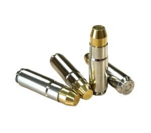 4 rounds of 458 SOCOM with nickel-plated brass, 325gr brass solid, round nose flat point bullets.