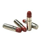Four rounds of 458 SOCOM 576gr subsonic ammo with nickel-plated cases and bright red cast and coated bullets.