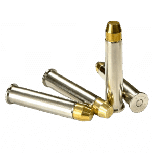 Four rounds of 45-70 Government with solid brass bullets and nickel-plated cases.