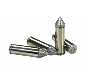 Four rounds of 500 S&W Magnum with a pointed bullet and Nickel-plated brass from Steinell ammo.