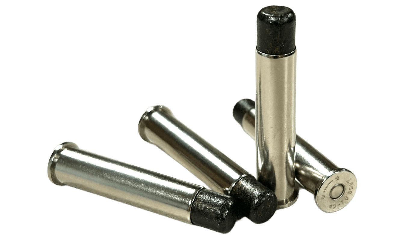 lucky_ram_777_steinel_nickel Four rounds of Steinel 777 Lucky Ram 45-70 subsonic rounds with nickel-plated brass.