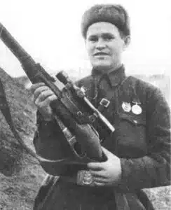 Vasily G. Zaitsev with his sniper rifle