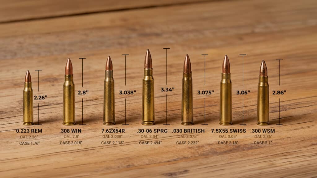 Cartridge dimensions proportional to OAL. Case taper and shoulder geometry are simplified for illustration. Source dimensions from SAAMI specifications.