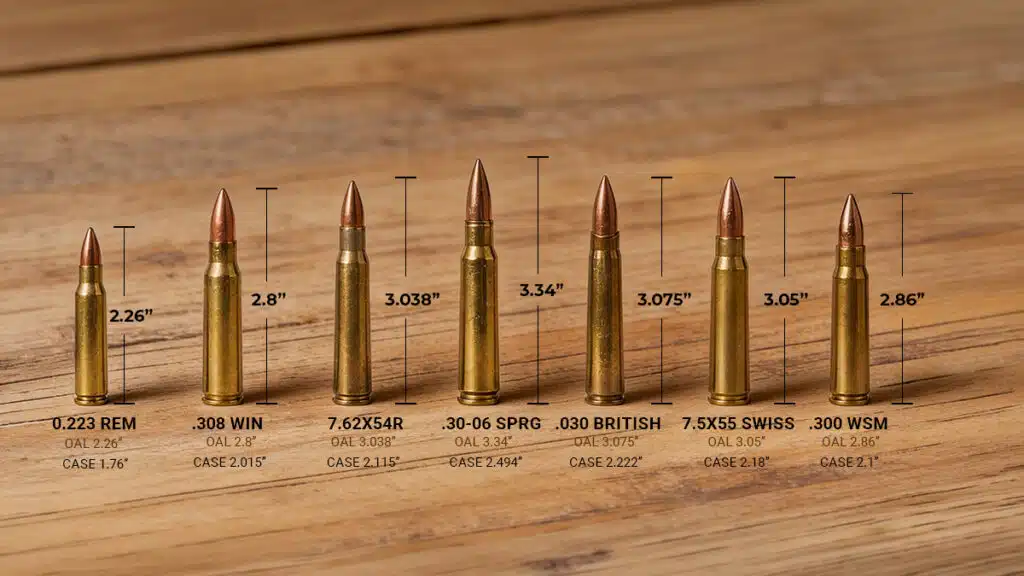 Cartridge dimensions proportional to OAL. Case taper and shoulder geometry are simplified for illustration. Source dimensions from SAAMI specifications.
