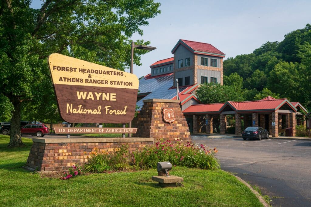 The Wayne National Forest Headquarters and Athens Ranger Station in Nelsonville, Ohio. The Wayne National Forest encompasses approximately 244,000 acres in the Appalachian foothills. 7/21/2025. (USDA Forest Service photo by Zack Frank)