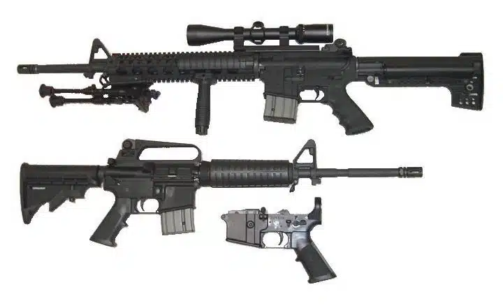 Rifles styled like the AR-15 come in many sizes and have many options, depending on the manufacturer. The lower receiver, without the receiver extension, rear takedown pin, and buttstock, is shown at bottom.